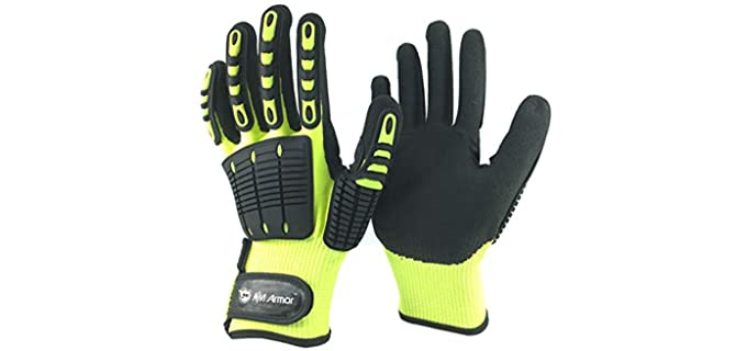 NMSafety Anti Vibration Oil-proof Cut Resistant Safety Work Glove,Full finger,Yellow Nylon+HPPE+Glassfirbe Seamless Knitted Liner With Sandy Nitrile Rubber Palm,Excellent Grip. (Large)