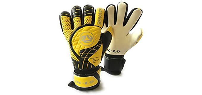 FINGERSAVE Goalkeeper Gloves by K-LO - The Savage Goalie Glove Has Fingersave Protection in All 5-Fingers to Prevent Injury and Improve Shot Blocking. Super Sticky Palms.Youth & Adult Sizes. Yellow.