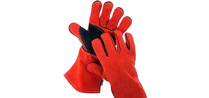 NoCry Heavy Duty Heat Resistant & Flame Retardant Welding & BBQ Gloves, Premium Cowhide Leather, Long 14 inch Forearm Protection. Red, Size Large