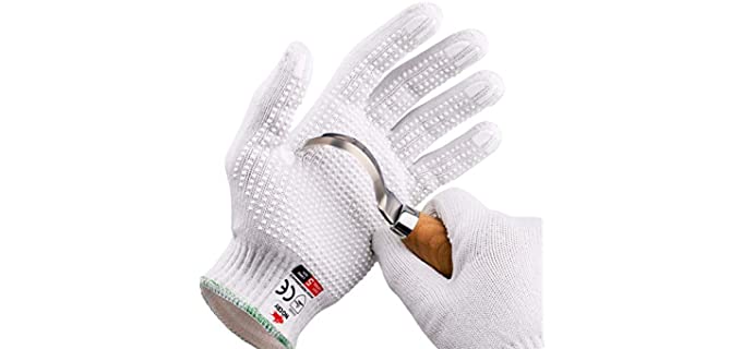 NoCry Cut Resistant Protective Work Gloves with Rubber Grip Dots. Tough and Durable Stainless Steel Material, EN388 Certified. 1 Pair. White, Size Large