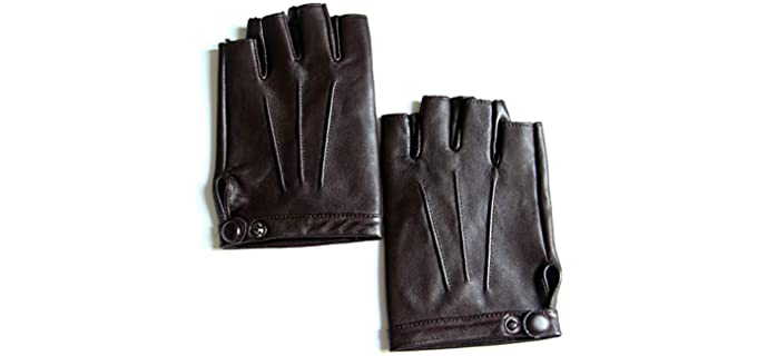 YISEVEN Men's Motorcycle Driving Fingerless Leather Gloves Lined Classic Soft Sheepskin Half Finger Button Punk Rock Cycling Fitness Touchscreen Warm Winter Dress, Brown 9.5