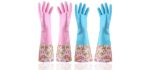 KINGFINGER Rubber Latex Waterproof Dishwashing Gloves,Long Cuff and Flock Lining Household Cleaning Gloves 2 Pair Medium