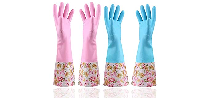 KINGFINGER Rubber Latex Waterproof Dishwashing Gloves,Long Cuff and Flock Lining Household Cleaning Gloves 2 Pair Medium