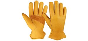 OZERO Flex Grip Leather Work Gloves Stretchable Wrist Tough Cowhide Working Glove 1 Pair (Gold, Large)