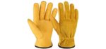 OZERO Leather Work Gloves Flex Grip Tough Cowhide Gardening Glove for Wood Cutting/Construction/Truck Driving/Garden/Yard Working for Men and Women 1 Pair (Gold,Medium)
