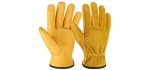 OZERO Leather Work Gloves Flex Grip Tough Cowhide Gardening Glove for Wood Cutting/Construction/Truck Driving/Garden/Yard Working for Men and Women 1 Pair (Gold,Medium)