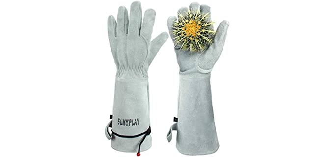 SUNYPLAY Gardening Gloves for Women/Men , Thorn Proof Garden Work Gloves with Long Heavy Duty Gauntlet, Cowhide Leather Gloves for Thorny Bushes Cacti Rose(Grey, Medium)