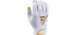 adidas Adizero Football Gloves, Large, White/Metalic Gold - Receivers Gloves with Added Grip