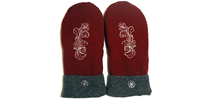 Integrity Designs Sweater Mittens, 100% Wool, Wine and Charcoal Gray with Polar Fleece Lining, Adult Size Large, Super Thick, Rosemaling Folk Art Motif Embroidery, Contrasting Button