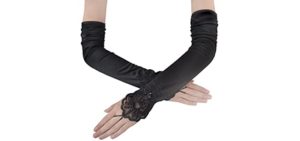 JISEN Women Fingerless Long Gathered and Beaded Fold Floral Embroidery Lace Sequins Satin Bridal Party Gloves 16.7