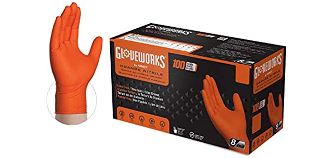 GLOVEWORKS HD Industrial Orange Nitrile Gloves with Raised Diamond Texture Grip, Box of 100, 8 Mil, Size X-Large, Latex Free, Powder Free, Textured, Disposable, Food Safe, GWON48100BX