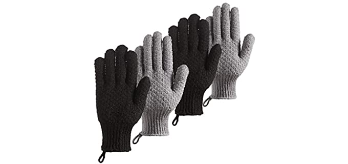 CLEEDY Bath Exfoliating Gloves Scrub - 4 Pcs (2Pairs) Lengthened and Large Exfoliating Scrubbing Gloves for Shower, Spa, Massage - Scrub Exfoliating Mitts for Body, Face, Hand and Foot (black and gray)