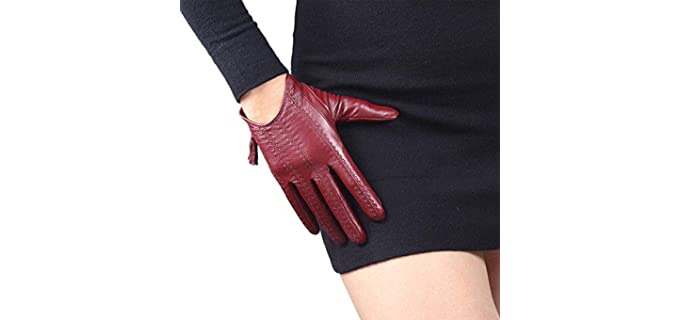 DooWay Women Short Real Leather Gloves Imported Goatskin Leather Touchscreen Warm Driving Tassel Zipper Finger Gloves Dark Red Size M