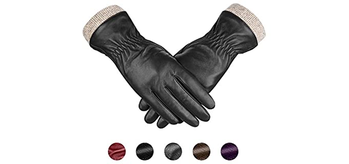 Genuine Sheepskin Leather Gloves For Women, Winter Warm Touchscreen Texting Cashmere Lined Driving Motorcycle Dress Gloves By Alepo (Black-M)