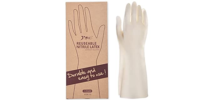 JOYECO Rubber Gloves Reusable Household Cleaning for Kitchen Dishwashing 3 Pairs White, Medium