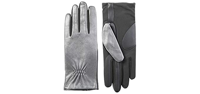 isotoner womens Classic Stretch Leather Touchscreen Gloves, Fleece Lining Cold Weather Gloves, Silver/Metallic, Small Medium US
