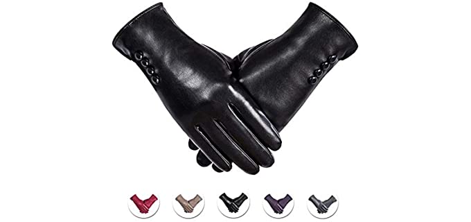 Winter PU Leather Gloves For Women, Warm Thermal Touchscreen Texting Typing Dress Driving Motorcycle Gloves With Wool Lining (Black-S)