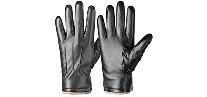 Winter PU Leather Gloves For Men, Warm Thermal Touchscreen Texting Typing Dress Driving Motorcycle Gloves With Wool Lining (Gray-S)