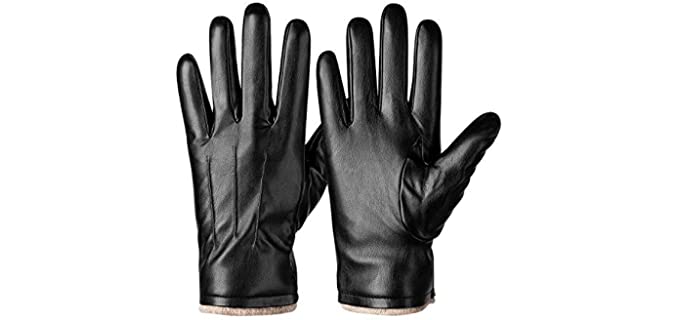Winter PU Leather Gloves For Men, Warm Thermal Touchscreen Texting Typing Dress Driving Motorcycle Gloves With Wool Lining (Black-M)