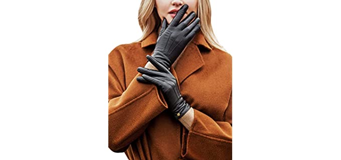 YISEVEN Women's Wool Lined Winter Genuine Leather Gloves Touchscreen Three Points Driving Elegant Dress Sheepskin Warm Fur Lining for Cold Weather Accessories Gifts, Black Medium/7.0