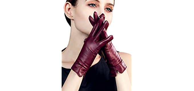 YISEVEN Women's Winter Dress Leather Gloves Touchscreen Wool Lined Flat Design Classic Genuine Sheepskin Warm Fur Lining Long Cuff Ladies Driving Work Accessories New Year Gifts, Wine Red Small