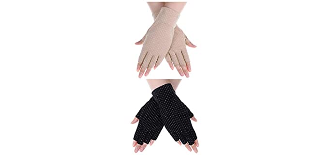 Women Sunscreen Gloves UV Protection Sunblock Gloves for Driving Riding Fishing Golfing Outdoor Activities (Black, Khaki Dot)