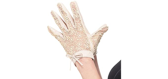 Nappaglo Women's Nappa Leather & Lace Unlined Gloves Bow Decoration Summer Short for Wedding Prom Banquet Party Driving (X-Large, Beige)