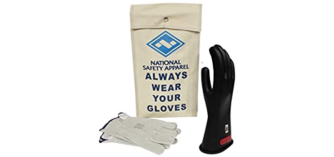 National Safety Apparel Class 0 Black Rubber Voltage Insulating Glove Kit with Leather Protectors, Max. Use Voltage 1,000V AC/ 1,500V DC (KITGC010)