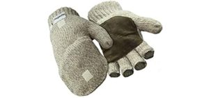 RefrigiWear Thinsulate Insulated Ragg Wool Convertible Mitten Fingerless Gloves with Suede Palm (Brown, Large)