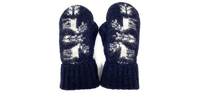 Warm Women Knit Mittens 100% Icelandic Wool Fleece Lined by Freyja Canada (Dark Denim/Of-white reindeer)