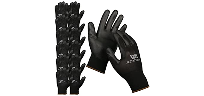 ACKTRA Ultra-Thin PU Safety WORK GLOVES 12 Pairs, WG002 Black / Black, Medium