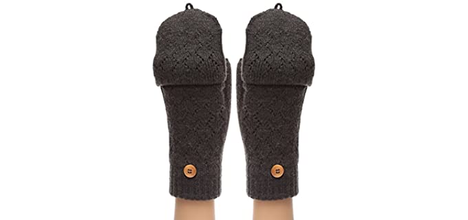 MIRMARU Women's Winter Knitted Fingerless Mitten Gloves with Flip Cover with Faux Fur Lining(602,Charcoal Grey)