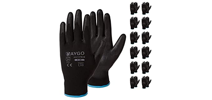 Safety Work Gloves PU Coated-12 Pairs,KAYGO KG11PB, Seamless Knit Glove with Polyurethane Coated Smooth Grip on Palm & Fingers, for Men and Women, Ideal for General Duty Work (Medium, Black)