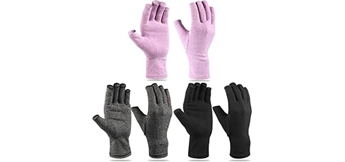 3 Pairs Compression Craft Arthritis Hands Gloves Fingerless Pressure Joint Relief for Quilting Sewing Typing Household Duties (Black, Gray, Purple,L)