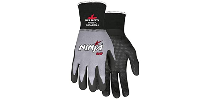 MCR Safety Ninja BNF N96797S Work Gloves, 15 Gauge NylonSpandex Shell, Breathable Nitrile Foam(BNF) Coated Palm & Fingertips with Grip Dots, Small, Black