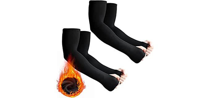 Skylety 2 Pairs Thermal Arm Warmer Cycling Arm Warmer Winter Arm Sleeves Arm Cover with Thumb Holes for Men Women (Black,Large)